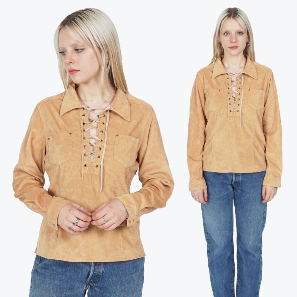 VINTAGE Y2K Lace Up V-Neck Beige Suede Top